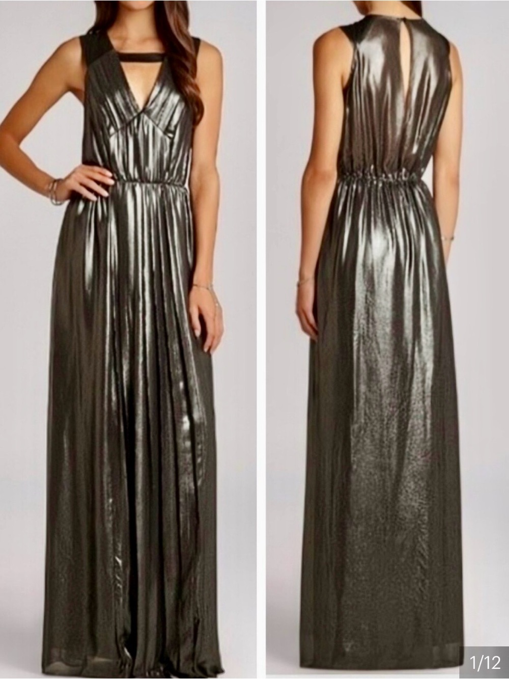 BCBG Metallic Gray Maxi Dress with V-Neck